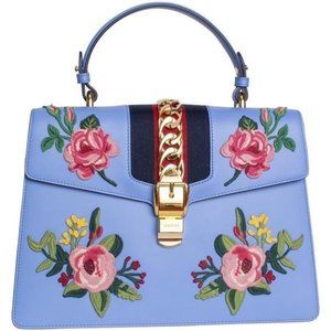 Gucci Top Handle Bag Sylvie Embroidered Medium Blu